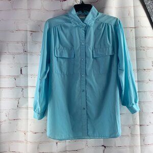 MG Women’s Plus Button Up Long Sleeve Shirt Light Blue 20W Vintage